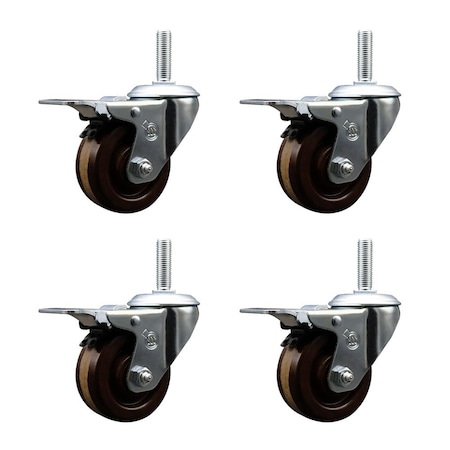 Service Caster 4 Inch High Temp Phenolic 34 Inch Stem Caster Set with Total Lock Brake SCC-TSTTL20S414-PHRHT-34212-4